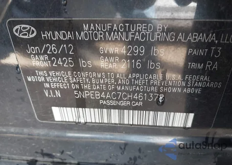 2012 Hyundai Sonata Gls Pzev from USA, damaged, VIN 5NPEB4AC7CH461378